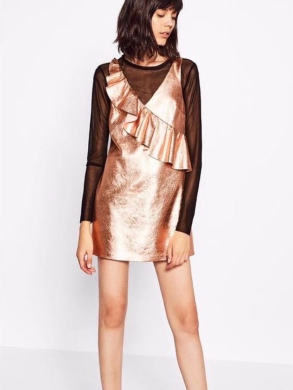 Zara Metallic Rose Gold Ruffle Mini Dress Size Small